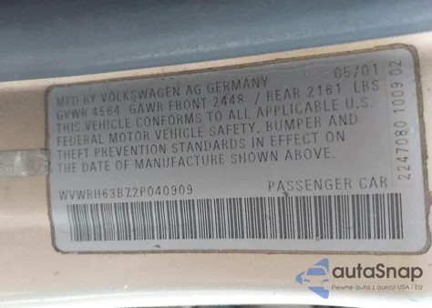 2002 Volkswagen Passat Glx из США, поврежденный, VIN WVWRH63B72P040909